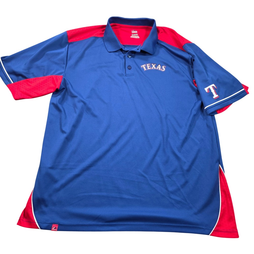 Texas Rangers Polo Shirt Mens 2XL Blue Red Colorblock Majestic MLB MMAC 2013